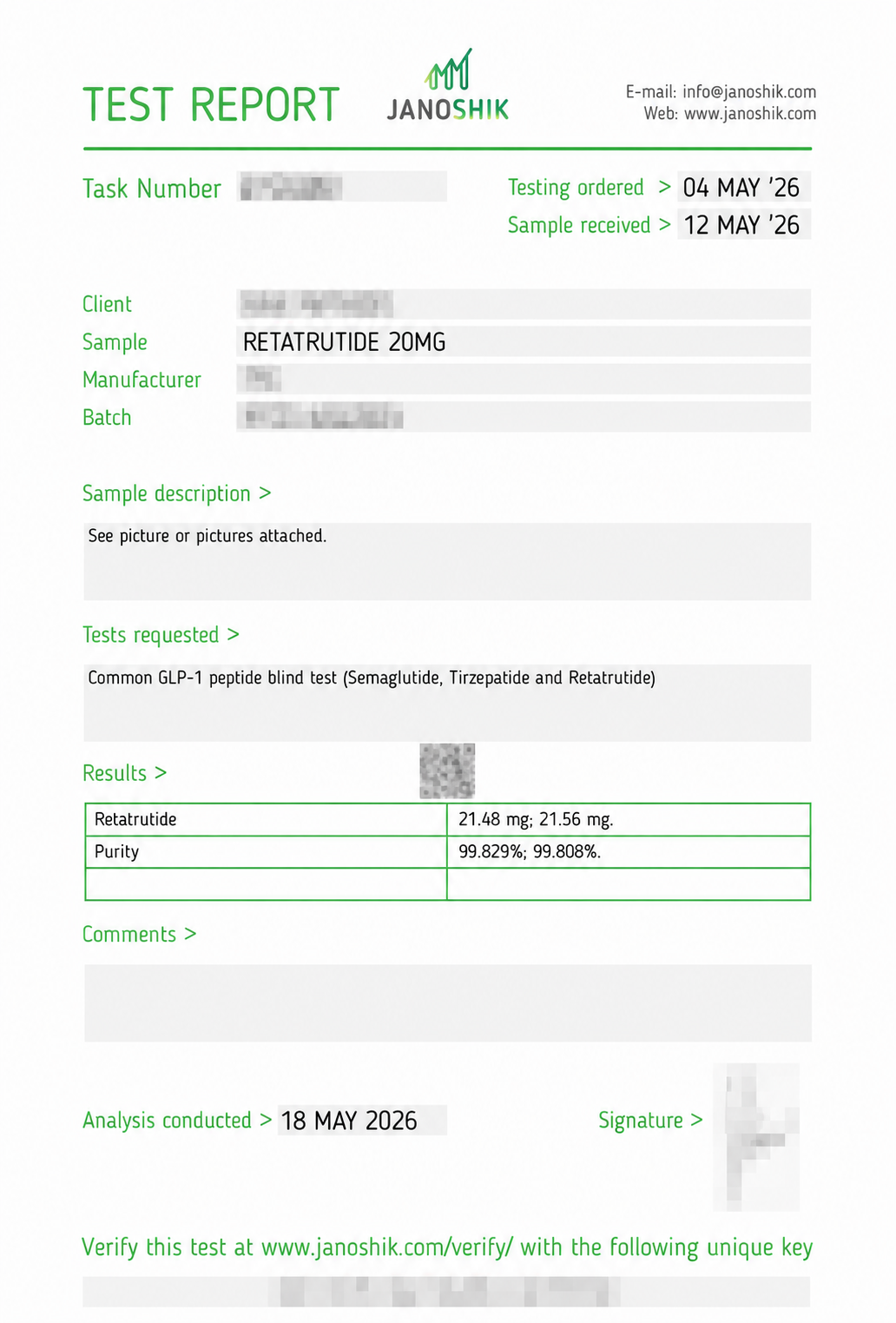 Redacted third-party test report for a 20 mg research sample