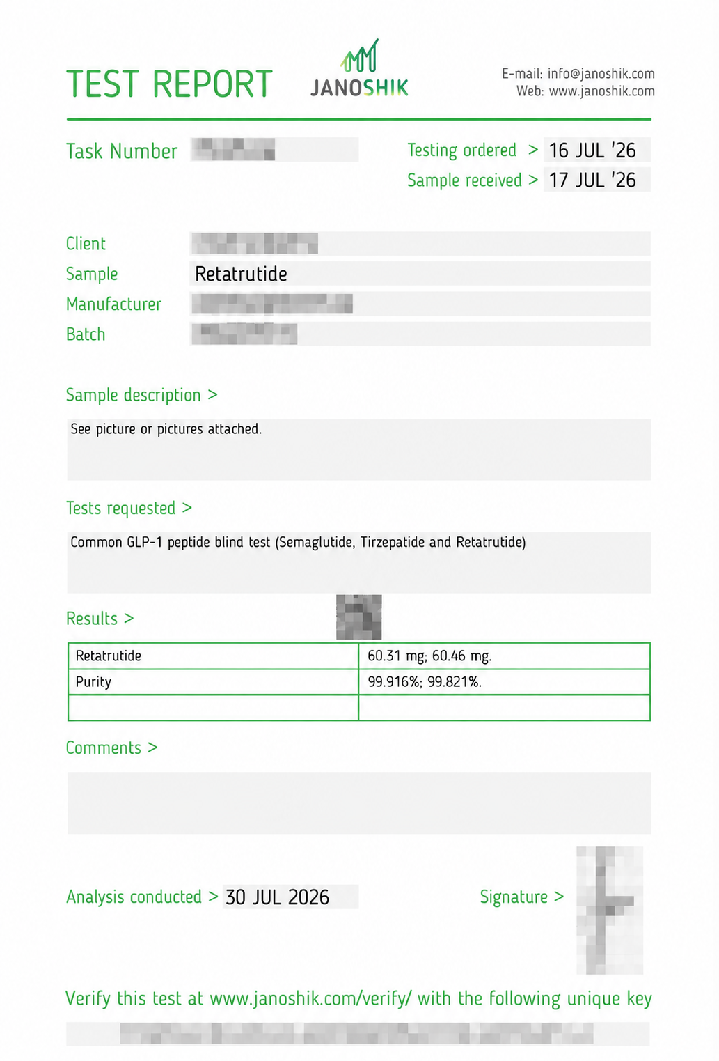 Redacted third-party test report for a 60 mg research sample